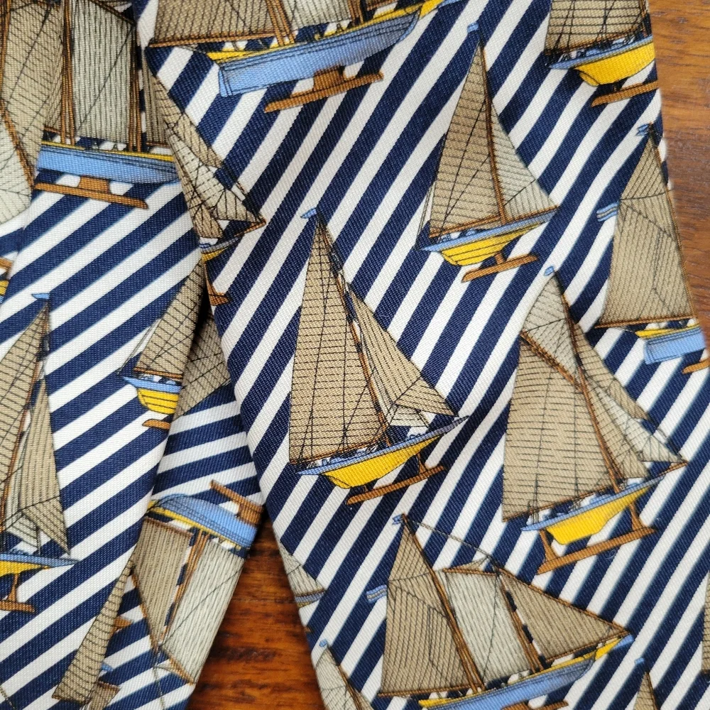 Lands' End Silk Necktie Hand Sewn Nautical Sailboats Coastal Preppy ~ GUC ~ 80s